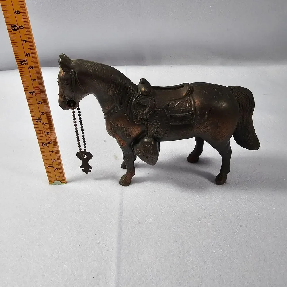 Vintage 60’s Brass Metal Coin Bank Country Western Horse  Copper Color W/Key